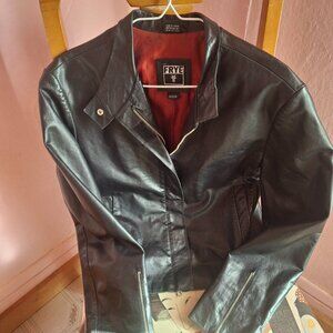 Women's Vintage Frye Leather Jacket with Tab Collar and Zip Sleeves